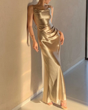 Mermaid Straps Neckline Champagne Satin Long Prom Dress Evening Dress Formal Dress SD2175