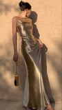 Mermaid Straps Neckline Champagne Satin Long Prom Dress Evening Dress Formal Dress SD2175