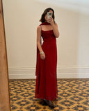 A Line Spaghetti Straps Ankle Length Red Prom Dress Evening Dress Formal Dress With Ribbon SD2189