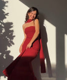 Mermaid Spaghetti Straps Floor Length Red Prom Dress Evening Dress Formal Dress With Ribbon SD2194