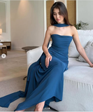 Mermaid Spaghetti Straps Floor Length Navy Blue Prom Dress Evening Dress Formal Dress With Ribbon SD2196