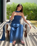 Mermaid Spaghetti Straps Floor Length Navy Blue Prom Dress Evening Dress Formal Dress With Ribbon SD2196