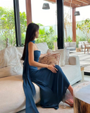 Mermaid Spaghetti Straps Floor Length Navy Blue Prom Dress Evening Dress Formal Dress With Ribbon SD2196