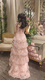 A-Line Off The Shoulder Blush Pink Lace Slit Long Prom Dresses Formal Evening Dress SD2202