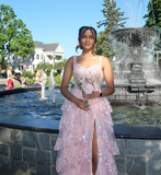 A-Line Straps Blush Pink Lace Long Prom Dresses Formal Evening Dress SD2203