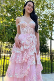 A-Line Straps Blush Pink Lace Long Prom Dresses Formal Evening Dress SD2203