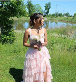 A-Line Straps Blush Pink Lace Long Prom Dresses Formal Evening Dress SD2203