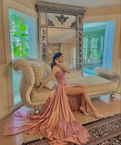 A line Strapless Pink Satin Long Prom Dresses Formal Evening Dress SD2208