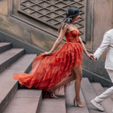 High Low Sweetheart Tulle Rust Red Long Prom Dresses Formal Evening Dress SD2209