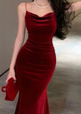 Mermaid Spaghetti Straps Burgundy Velvet Long Prom Dresses Formal Evening Dress SD2210