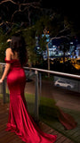 Mermaid Off The Shoulder Satin Red Prom Dresses Long Party Dress SD2219
