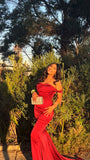 Mermaid Off The Shoulder Satin Red Prom Dresses Long Party Dress SD2219