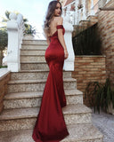 Mermaid Off The Shoulder Satin Burgundy Prom Dresses Long Party Dress SD2359