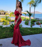 Mermaid Off The Shoulder Satin Burgundy Prom Dresses Long Party Dress SD2359