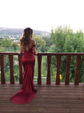Mermaid Off The Shoulder Satin Burgundy Prom Dresses Long Party Dress SD2220