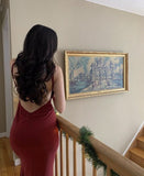 Mermaid Spaghetti Straps Satin Burgundy Prom Dresses Long Party Dress SD2223