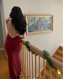 Mermaid Spaghetti Straps Satin Burgundy Prom Dresses Long Party Dress SD2223