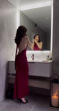 Mermaid Halter Satin Burgundy Prom Dresses Long Party Dress SD2224