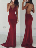Mermaid Spaghetti Straps Satin Burgundy Prom Dresses Long Party Dress SD2226