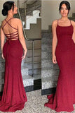 Mermaid Spaghetti Straps Sequin Burgundy Prom Dresses Long Party Dress SD2229
