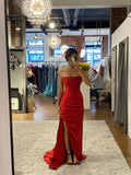 Mermaid Strapless Satin Red Prom Dresses Long Party Dress SD2231