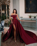 Mermaid Off The Shoulder Burgundy Satin Prom Dresses Long Party Dress SD2236