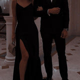 Mermaid Spaghetti Straps Black Backless Satin Prom Dresses Long Party Dress SD2242