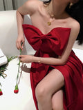 A Line Strapless Wine Red Slit Prom Dresses Long Party Dress SD2267
