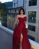 A Line Strapless Wine Red Slit Prom Dresses Long Party Dress SD2267