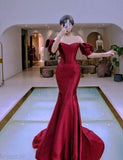 Mermaid Off The Shoulder Short Sleeves Red Long Prom Dresses Party Dress SD2268