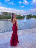 Mermaid Spaghetti Straps Burgundy Backless Prom Dresses Long Party Dress SD2270
