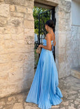 A Line Spaghetti Straps Blue Backless Prom Dresses Long Party Dress SD2272