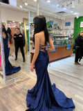 Mermaid Navy Blue Satin Long Backless Prom Dresses Long Party Dress SD2275