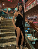 Mermaid Spaghetti Straps Sequin Slit Black Long Prom Dresses Party Dress SD2282