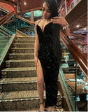 Mermaid Spaghetti Straps Sequin Slit Black Long Prom Dresses Party Dress SD2282