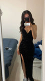 Mermaid Spaghetti Straps Sequin Slit Black Long Prom Dresses Party Dress SD2282