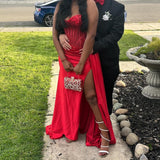 Mermaid Spaghetti Straps Slit Red Satin Prom Dresses Long Party Dress HZ0628