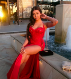 Mermaid Spaghetti Straps Slit Red Satin Prom Dresses Long Party Dress HZ0628