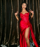 Mermaid Spaghetti Straps Slit Red Satin Prom Dresses Long Party Dress HZ0628