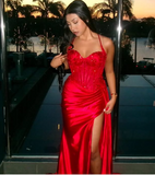 Mermaid Spaghetti Straps Slit Red Satin Prom Dresses Long Party Dress HZ0628