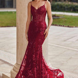 Mermaid Spaghetti Straps Burgundy Lace Prom Dresses Long Party Dress SD2287