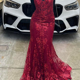 Mermaid Spaghetti Straps Burgundy Lace Prom Dresses Long Party Dress SD2287