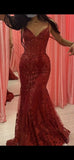 Mermaid Spaghetti Straps Burgundy Lace Prom Dresses Long Party Dress SD2287
