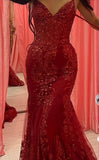Mermaid Spaghetti Straps Burgundy Lace Prom Dresses Long Party Dress SD2287
