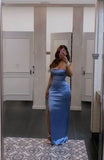 Mermaid Straps Blue Satin Prom Dresses Long Party Dress SD2288