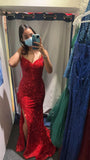 Mermaid Spaghetti Straps Red Sequin Slit Prom Dresses Long Party Dress SD2289
