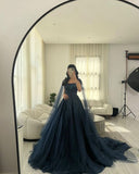 Ball Gown Navy Blue Tulle Long Sequin Prom Dresses Long Party Dress SD2292