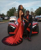 Mermaid High Neckline Satin Red Black Lace Prom Dresses Long Party Dress SD2294