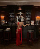 Mermaid Straps Backless Satin Red Prom Dresses Long Party Dress SD2299