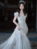 Mermaid Off The Shoulder Tulle Silver Beads Long Prom Dresses Formal Evening Dress SD2311